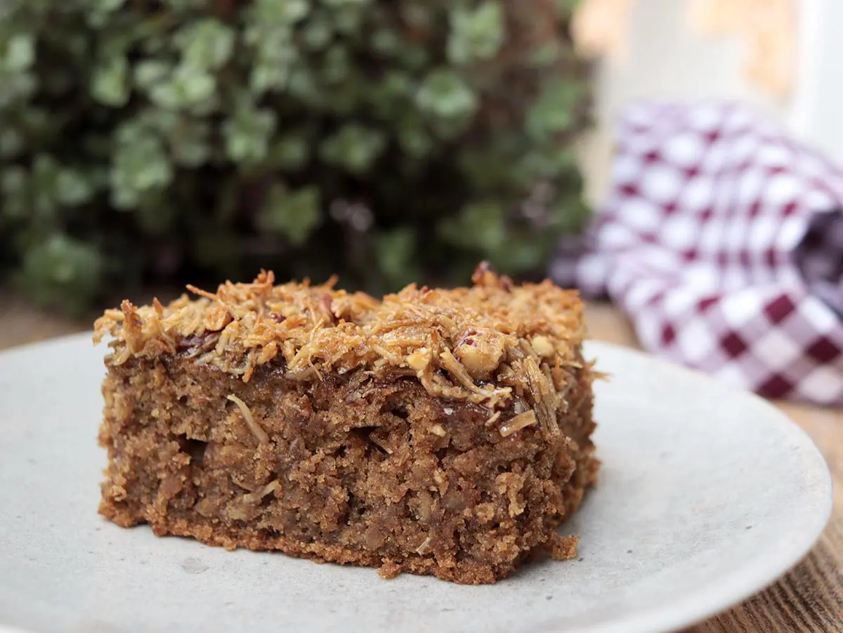 Bolo de aveia com cobertura de coco e nozes