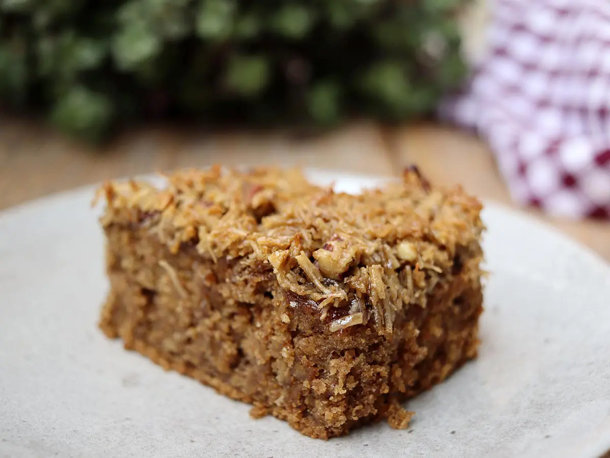 Bolo de aveia com cobertura de coco e nozes